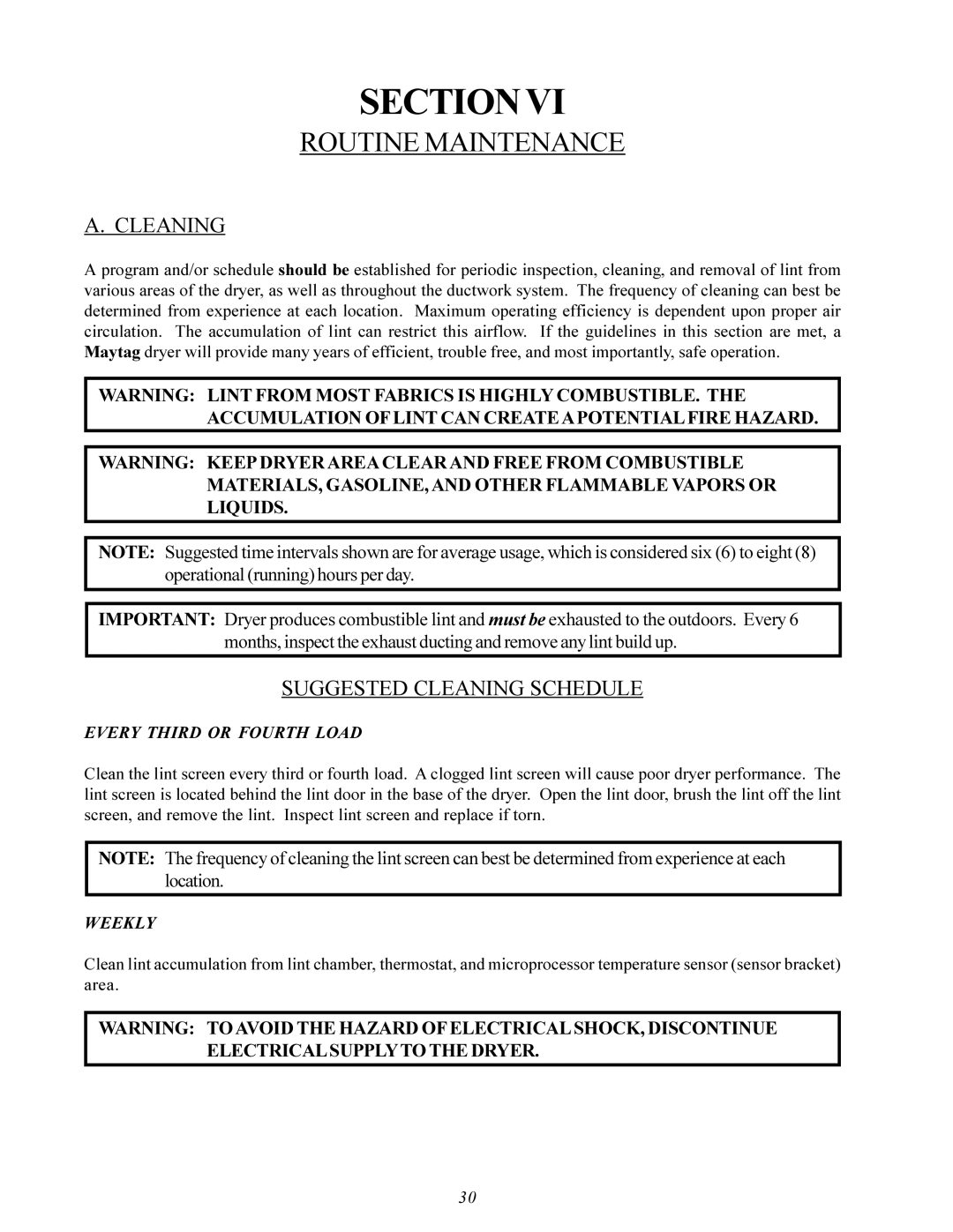 Maytag MDG30PCC installation manual Routine Maintenance, Suggested Cleaning Schedule 