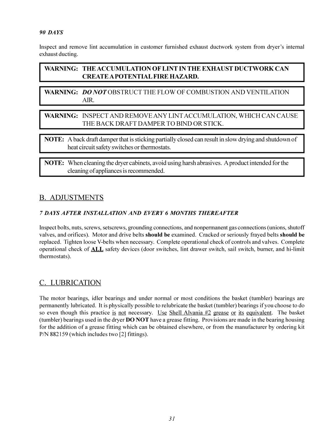 Maytag MDG30PCC installation manual Adjustments, Lubrication 