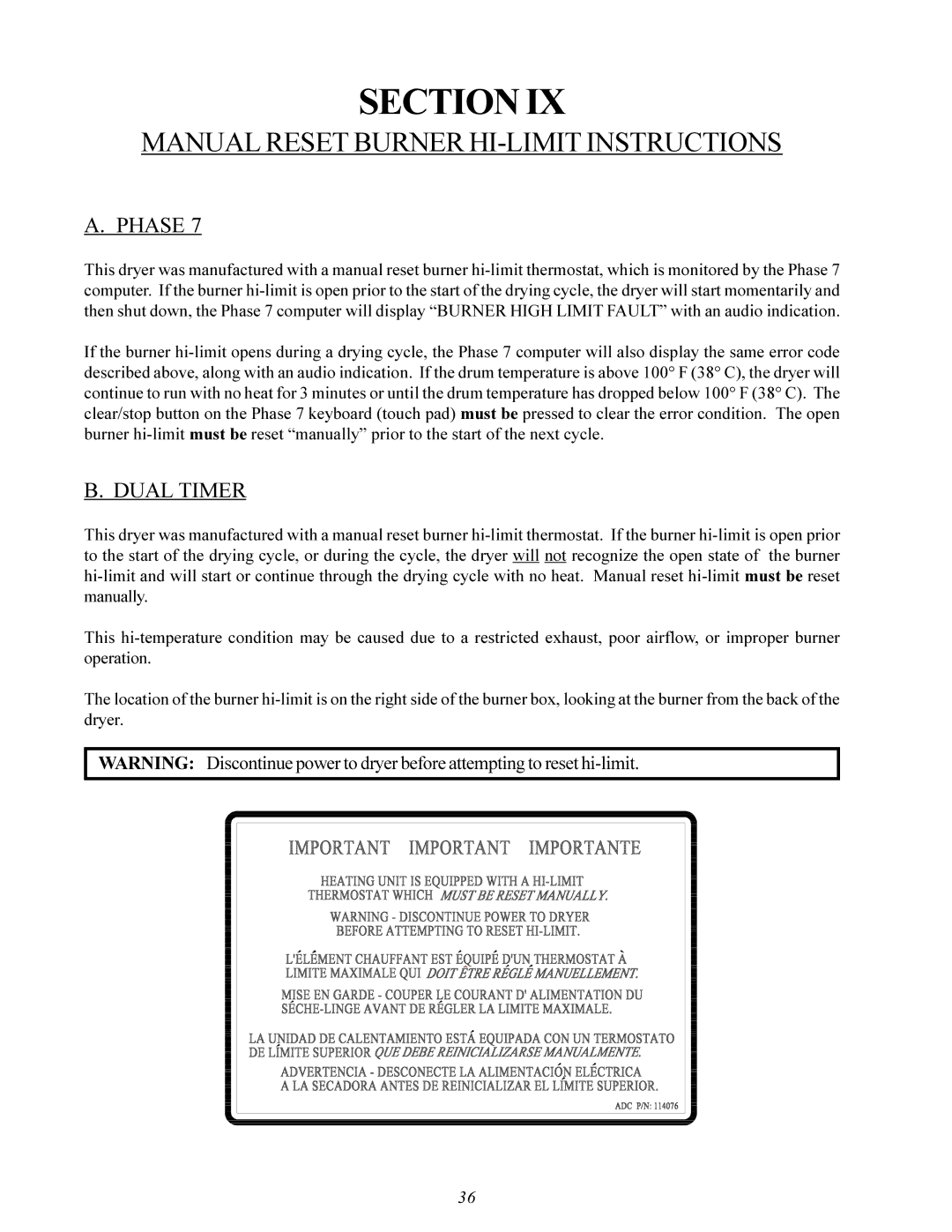 Maytag MDG30PCC installation manual Manual Reset Burner HI-LIMIT Instructions, Phase, Dual Timer 