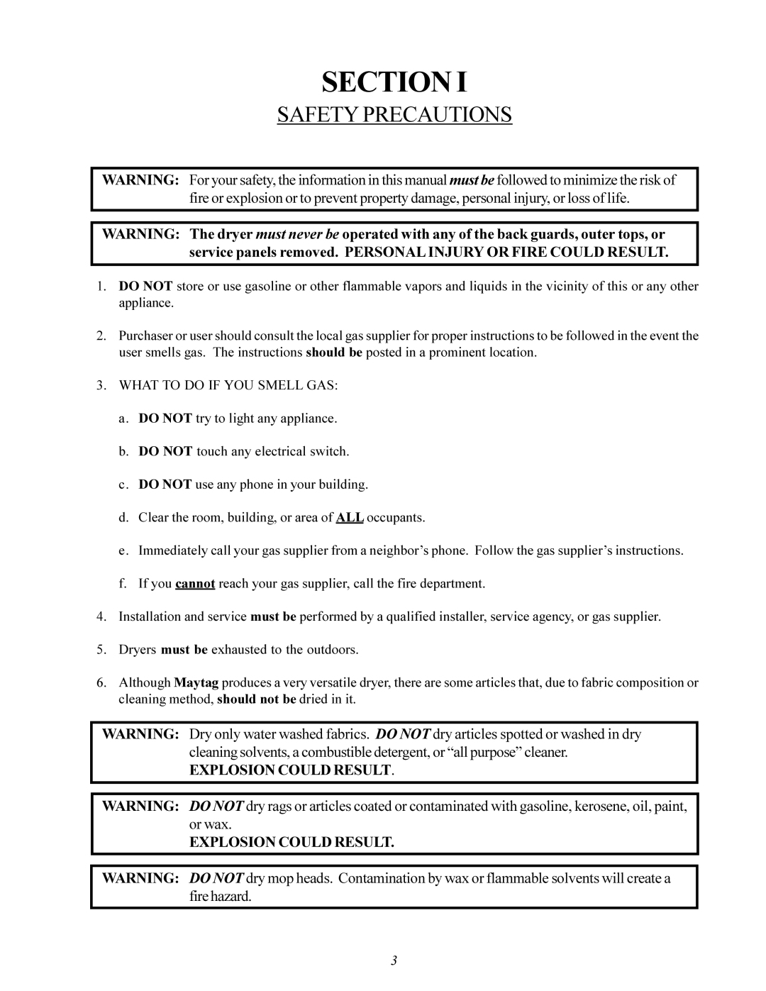 Maytag MDG30PCC installation manual Section, Safety Precautions 