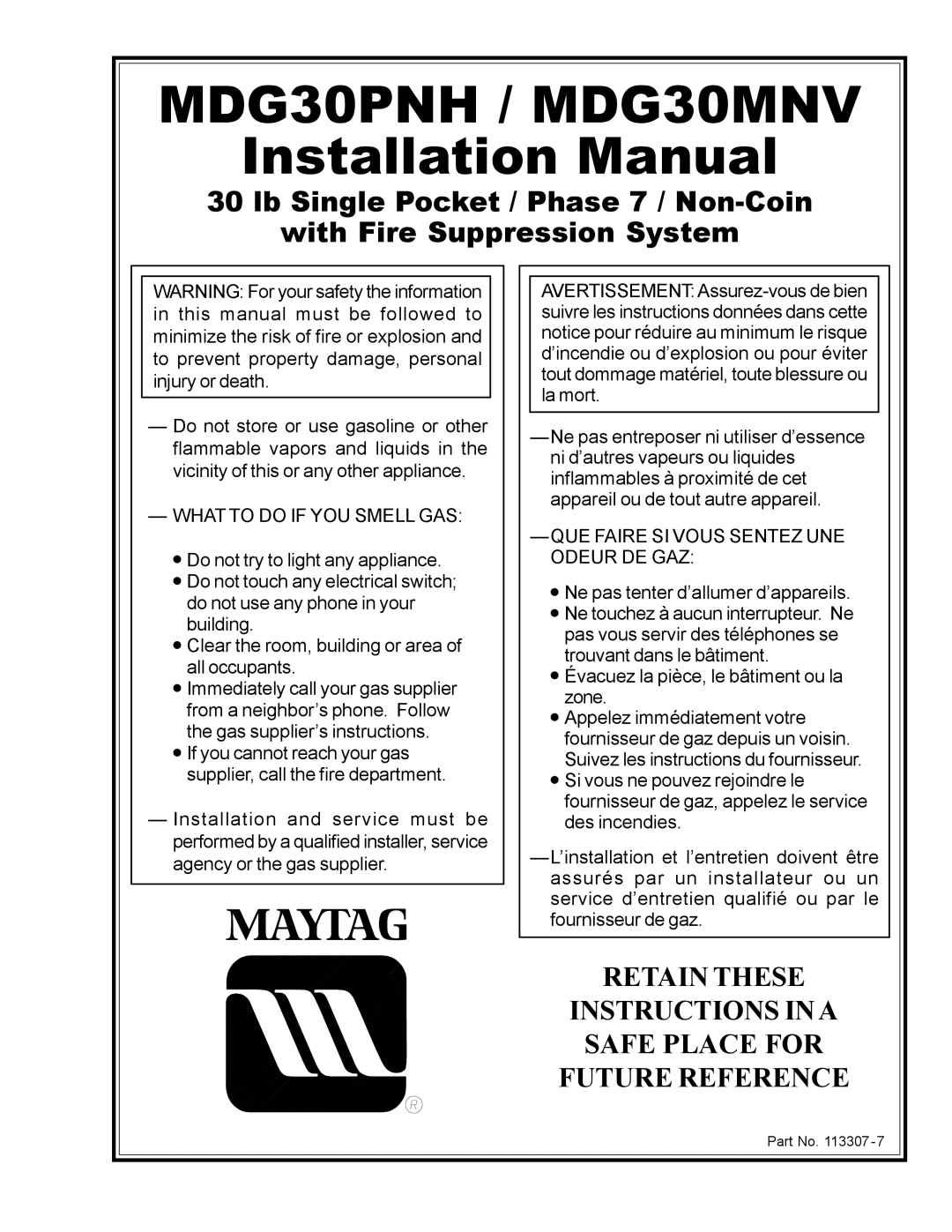 Maytag installation manual MDG30PNH / MDG30MNV 