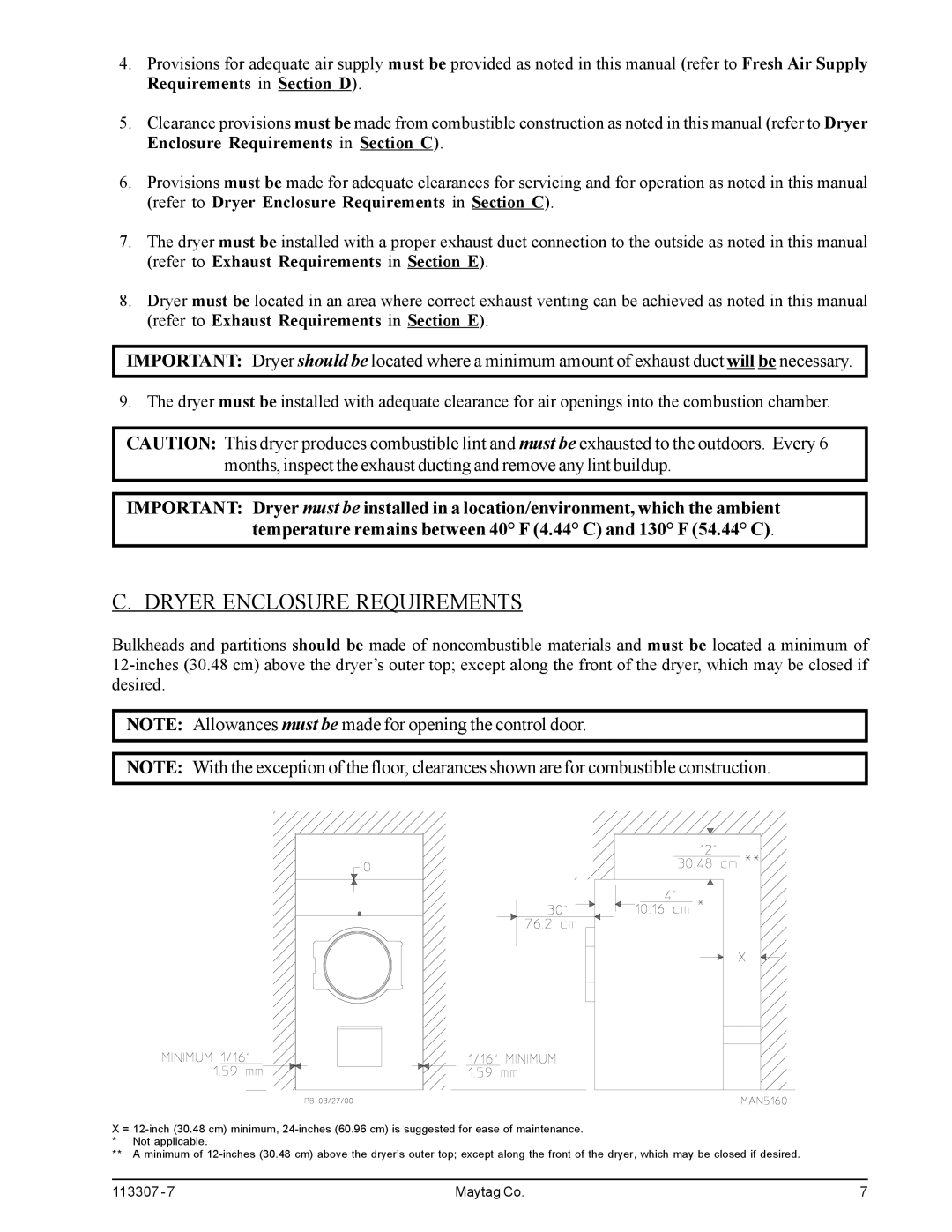 Maytag MDG30MNV, MDG30PNH installation manual Dryer Enclosure Requirements 