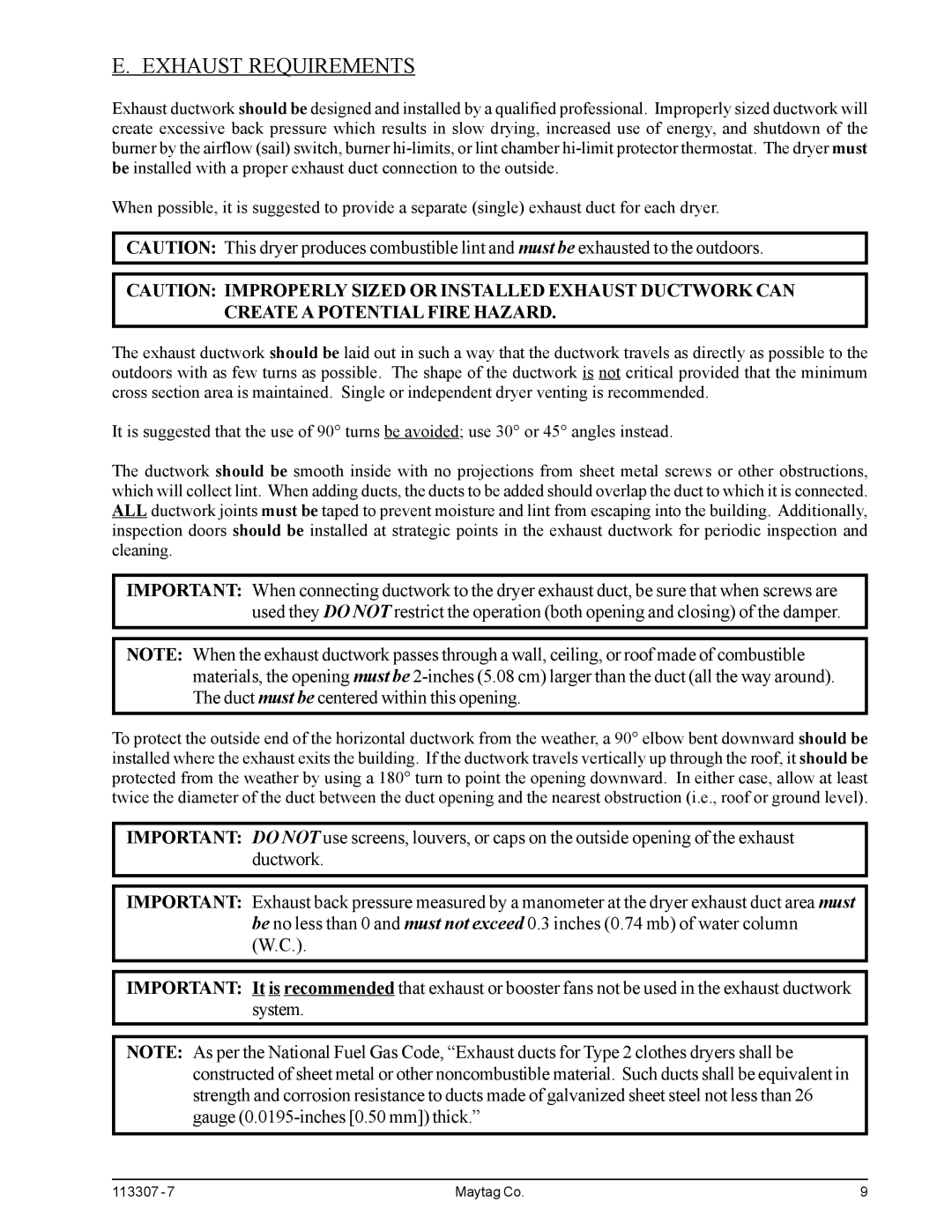 Maytag MDG30MNV, MDG30PNH installation manual Exhaust Requirements 