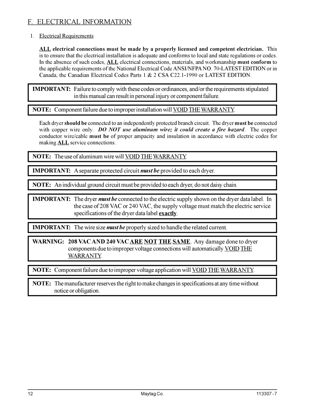 Maytag MDG30PNH, MDG30MNV installation manual Electrical Information, Electrical Requirements 