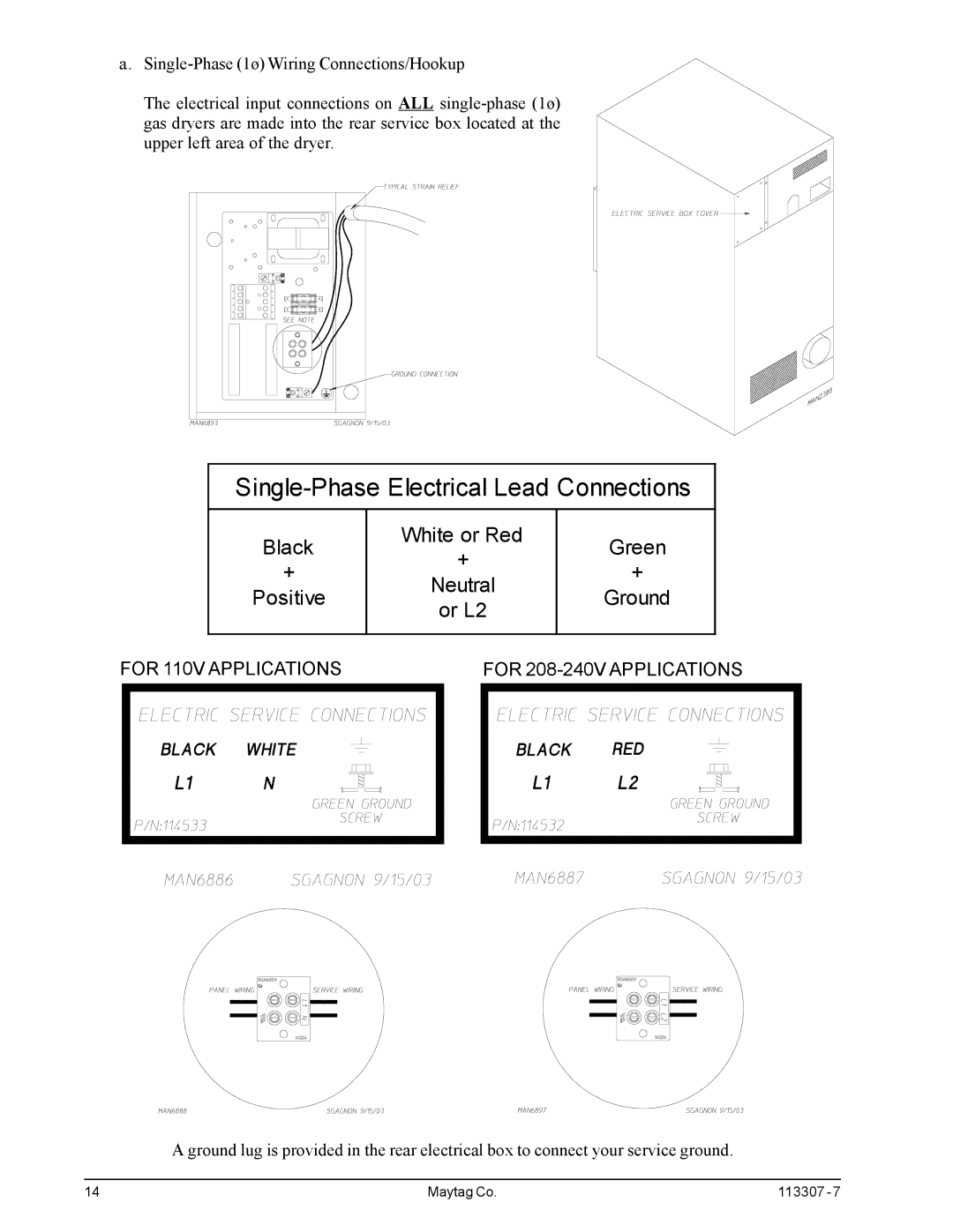 Maytag MDG30PNH, MDG30MNV installation manual Single-Phase Electrical Lead Connections 