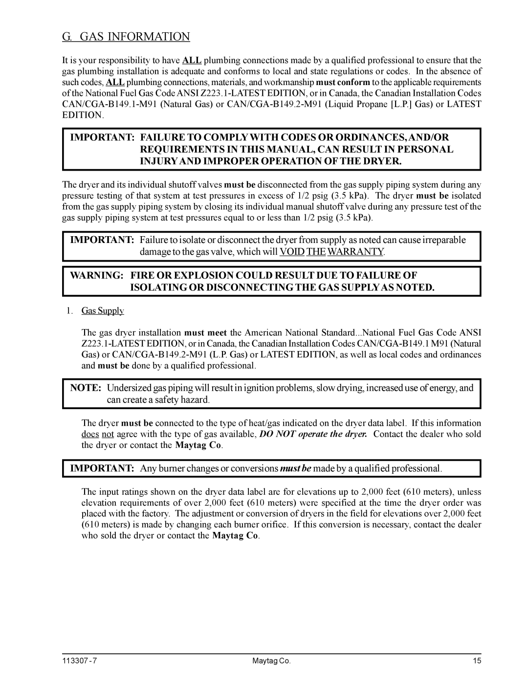 Maytag MDG30MNV, MDG30PNH installation manual GAS Information 