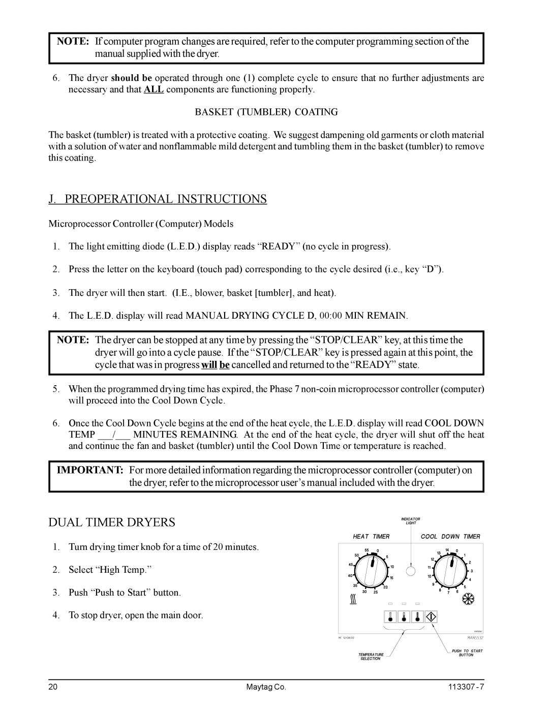 Maytag MDG30PNH, MDG30MNV installation manual Preoperational Instructions, Dual Timer Dryers 