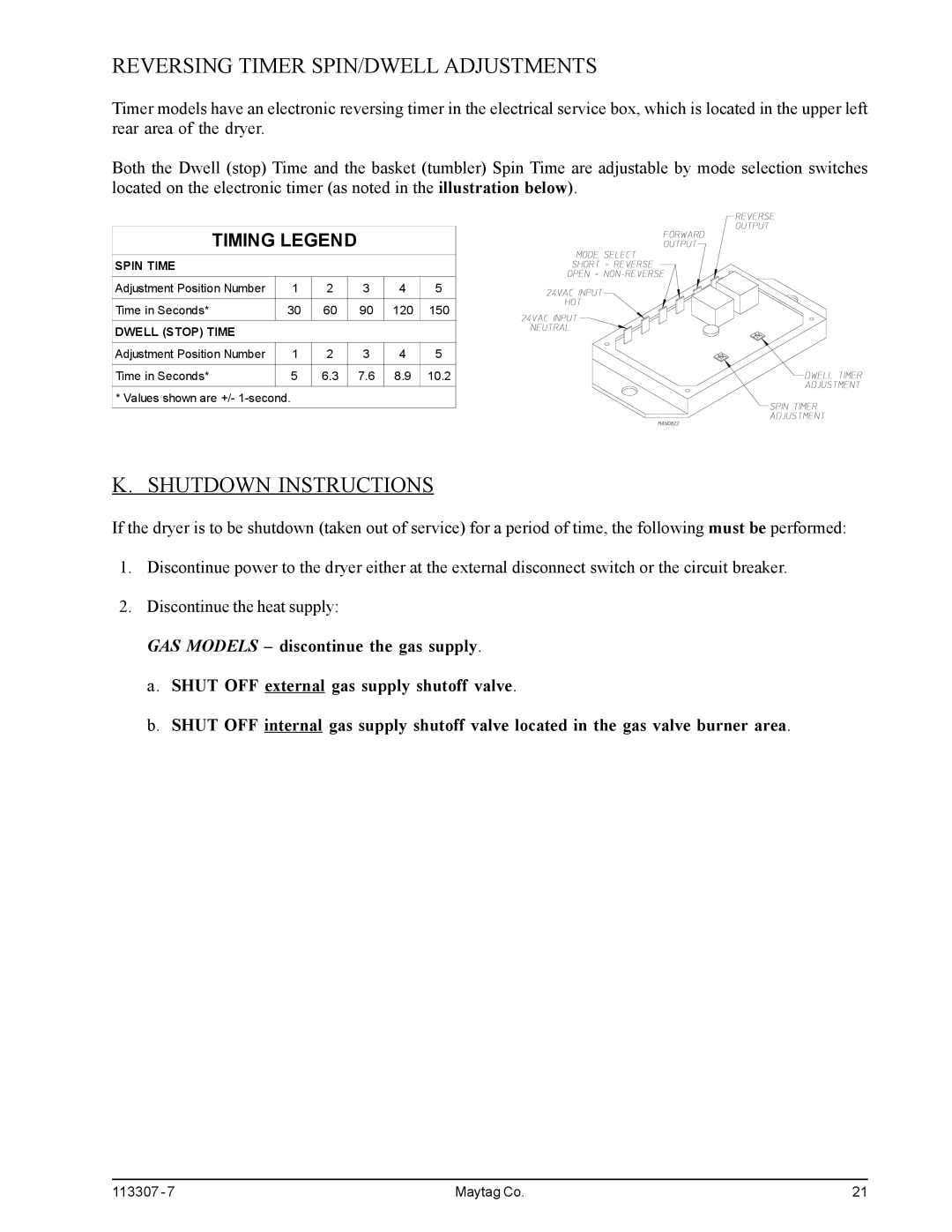 Maytag MDG30MNV, MDG30PNH installation manual Reversing Timer SPIN/DWELL Adjustments, Shutdown Instructions 