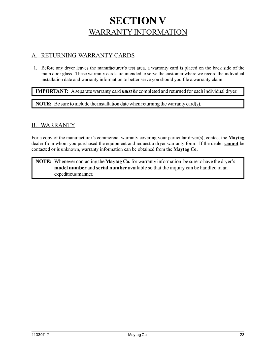 Maytag MDG30MNV, MDG30PNH installation manual Warranty Information, Returning Warranty Cards 