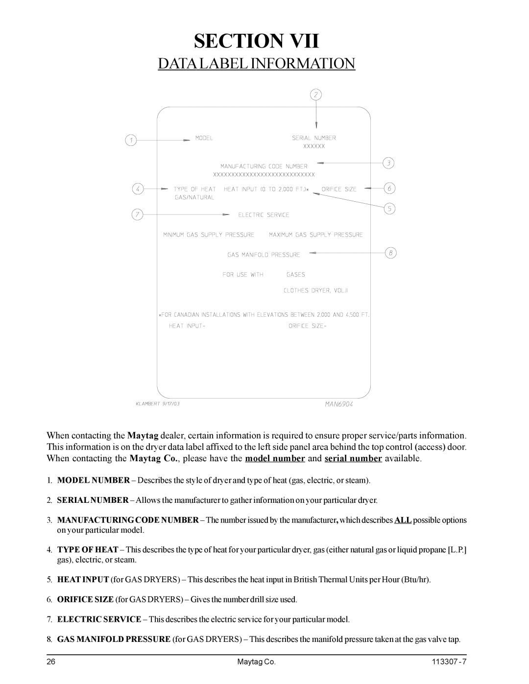 Maytag MDG30PNH, MDG30MNV installation manual Data Label Information 