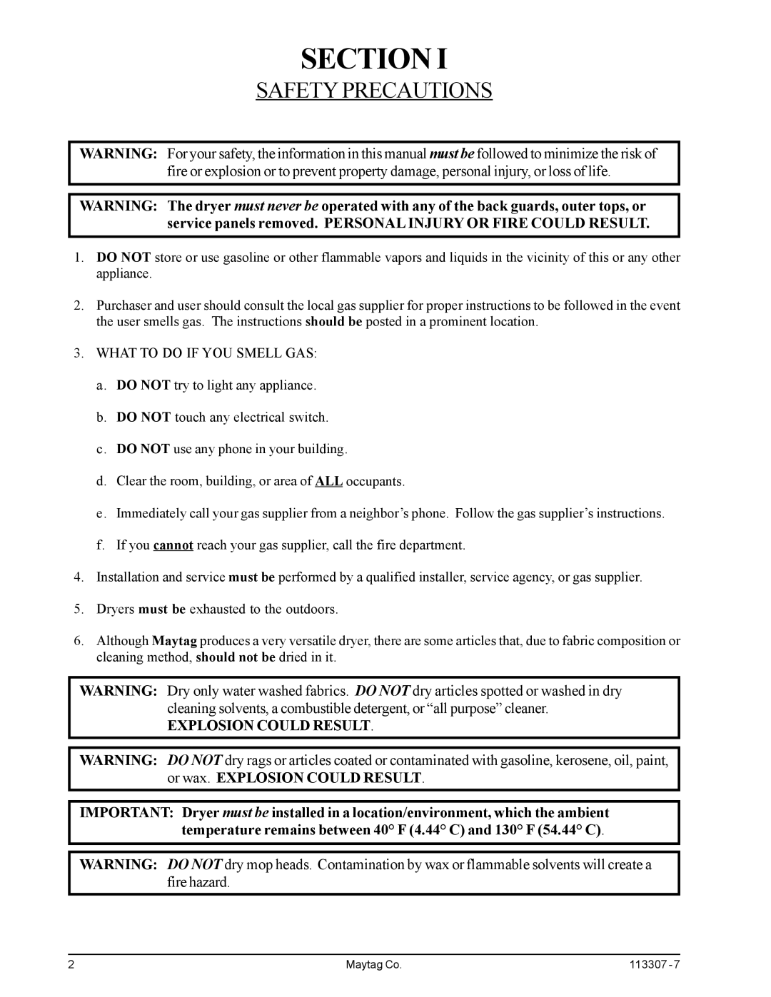 Maytag MDG30PNH, MDG30MNV installation manual Section, Safety Precautions 