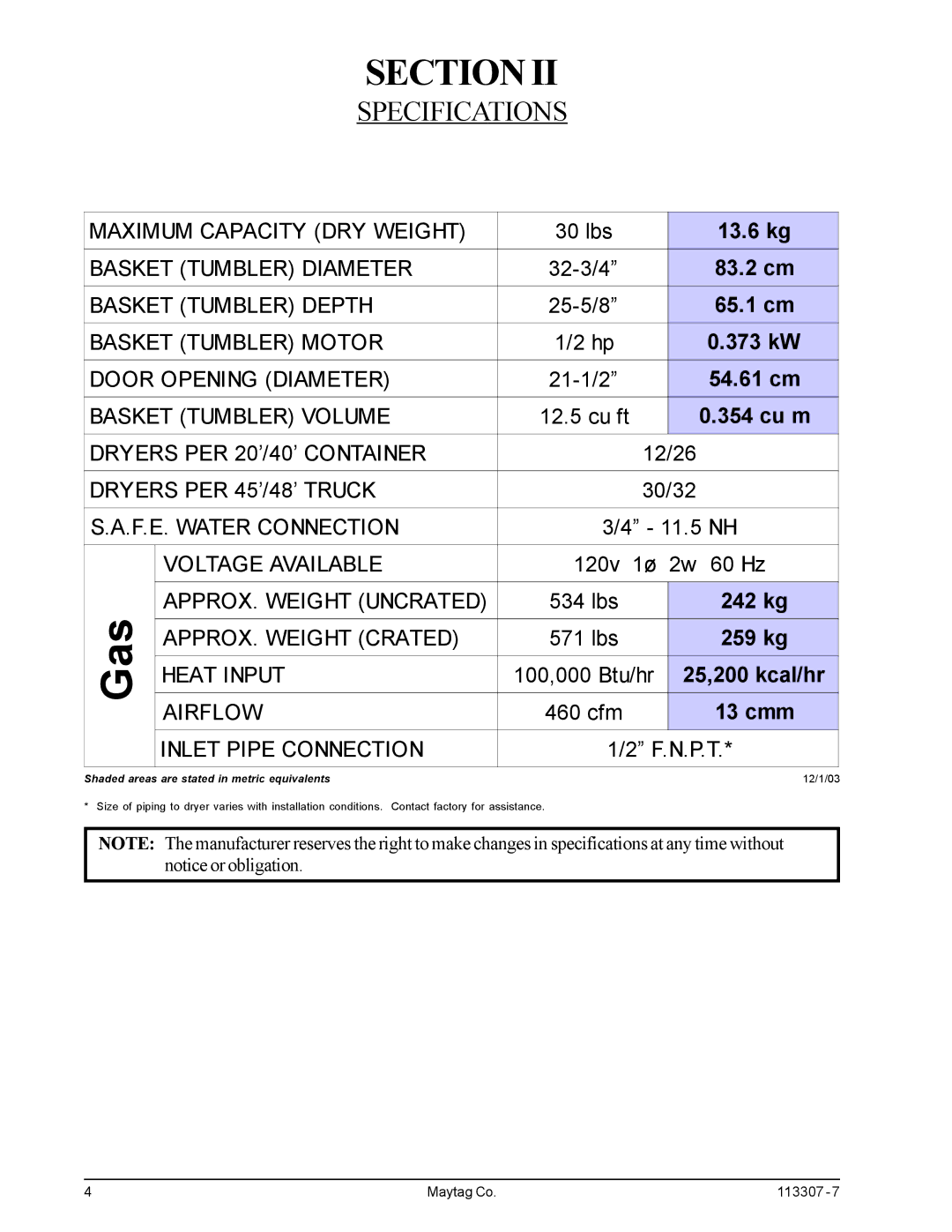 Maytag MDG30PNH, MDG30MNV installation manual Specifications, 13.6 kg 