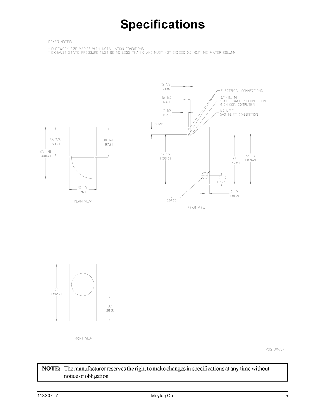 Maytag MDG30MNV, MDG30PNH installation manual Specifications 