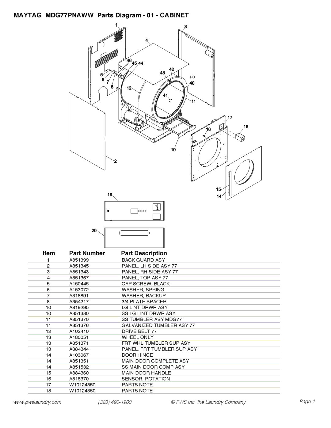 Maytag mdg77pnaww manual Maytag MDG77PNAWW Parts Diagram 01 Cabinet, Part Number Part Description 