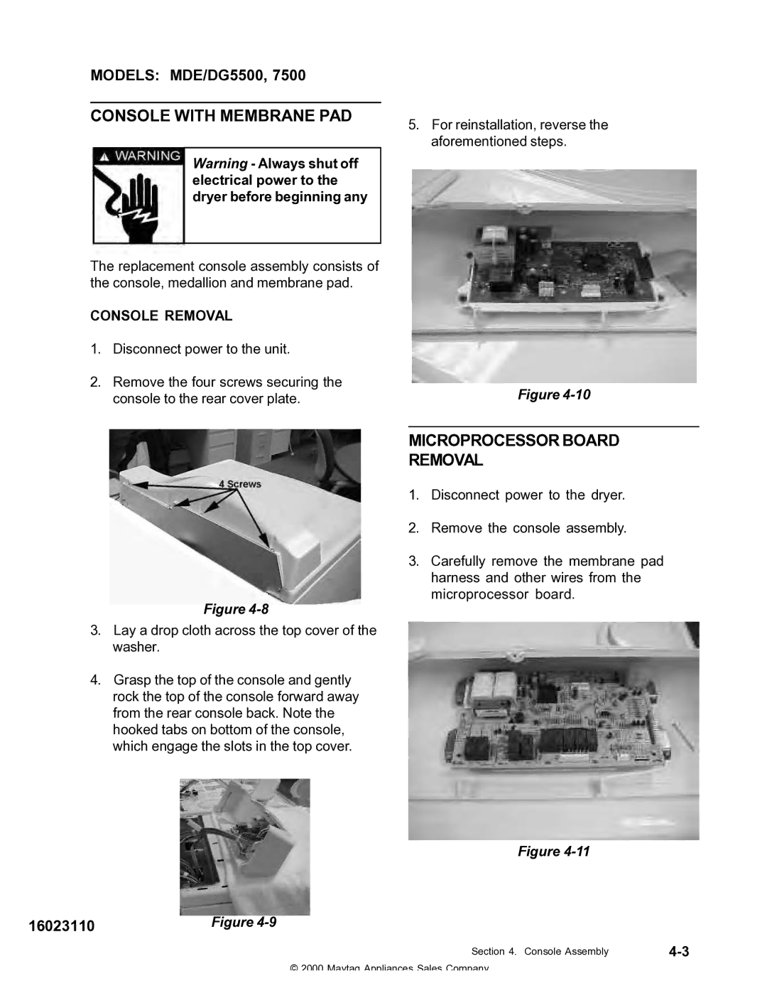 Maytag MDE DG5500, MDG9800 service manual Console with Membrane PAD 