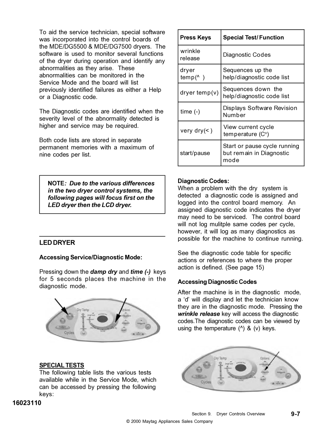 Maytag MDE DG5500, MDG9800 service manual LED Dryer 