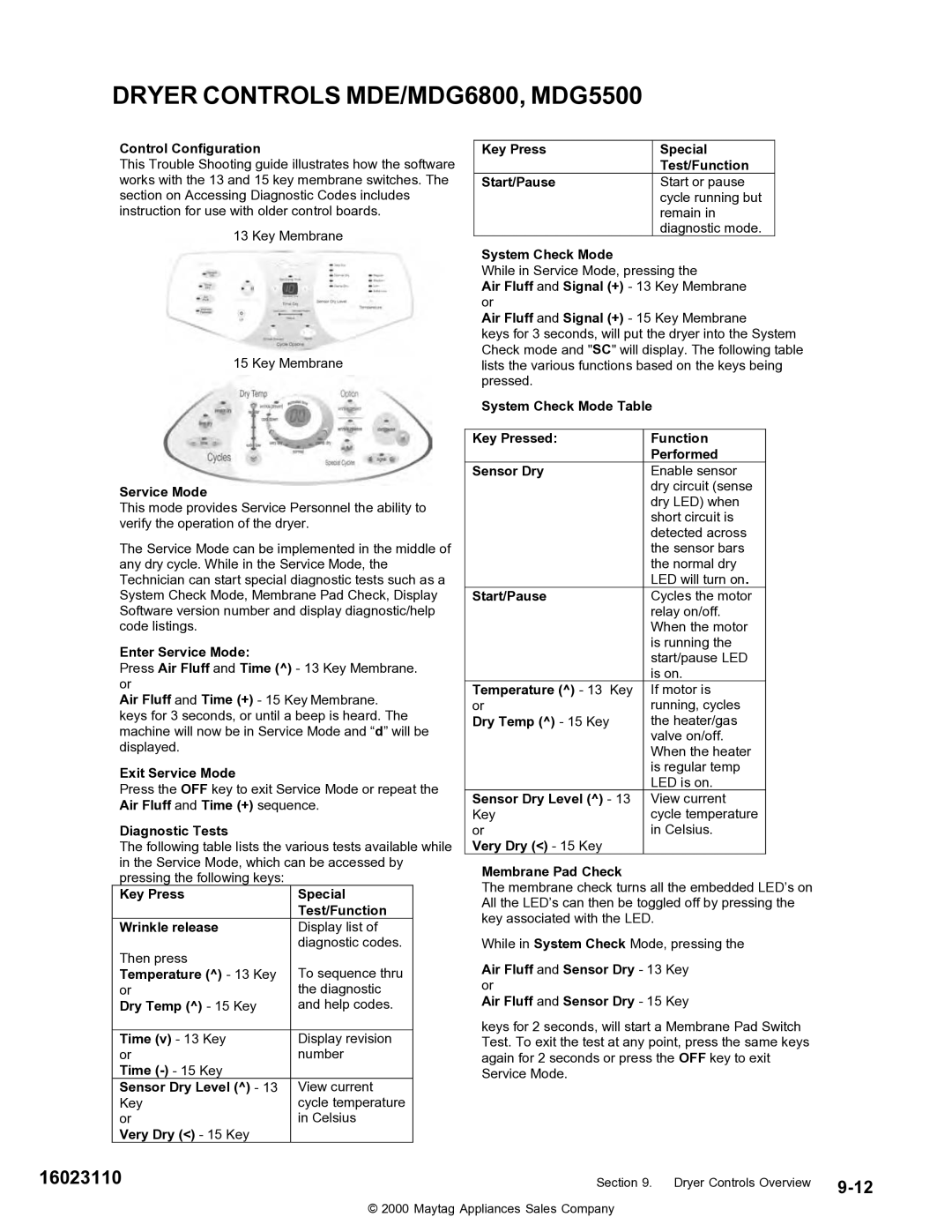 Maytag MDG9800, MDE DG5500 service manual Dryer Controls MDE/MDG6800, MDG5500 