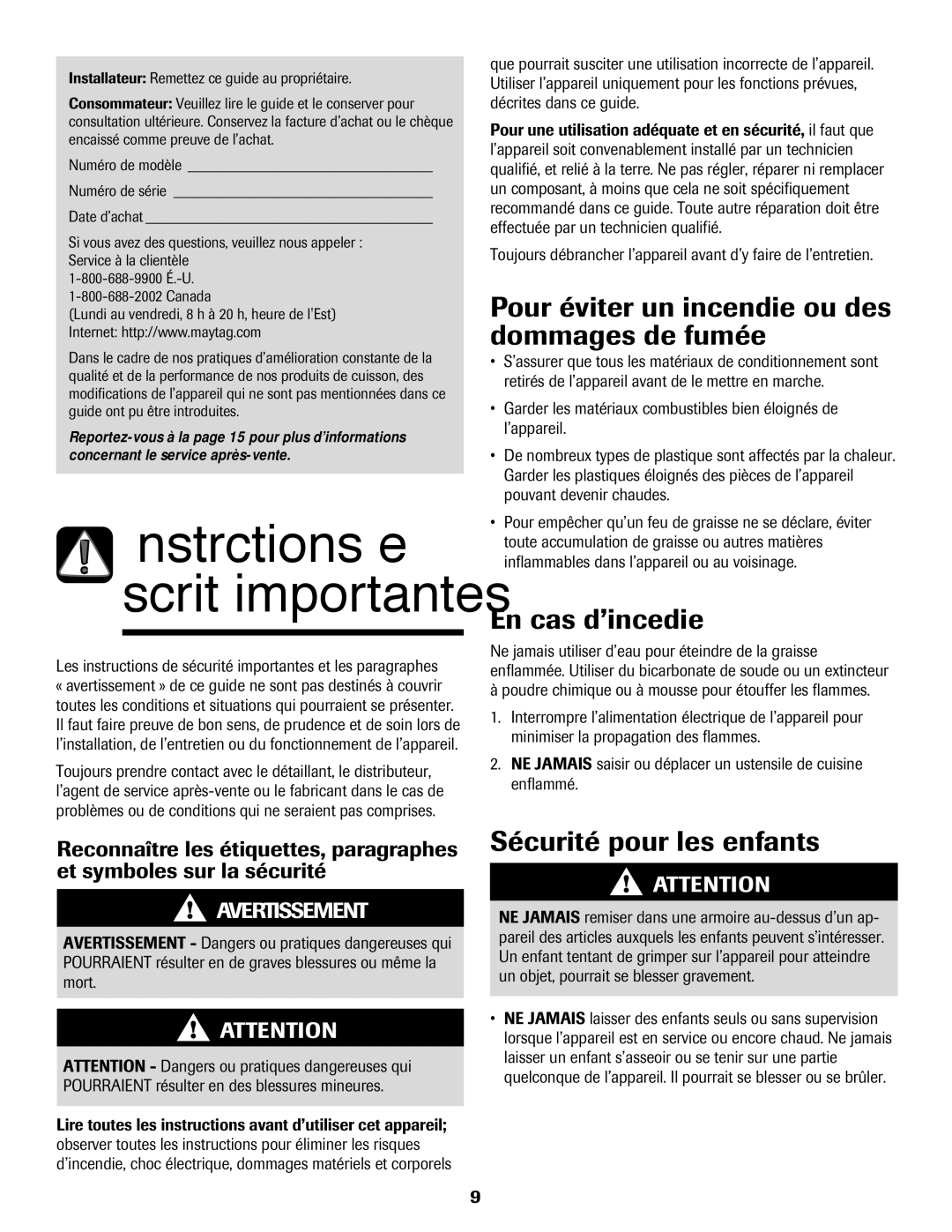 Maytag MEC4430AAW Pour éviter un incendie ou des dommages de fumée, En cas d’incedie, Sécurité pour les enfants 