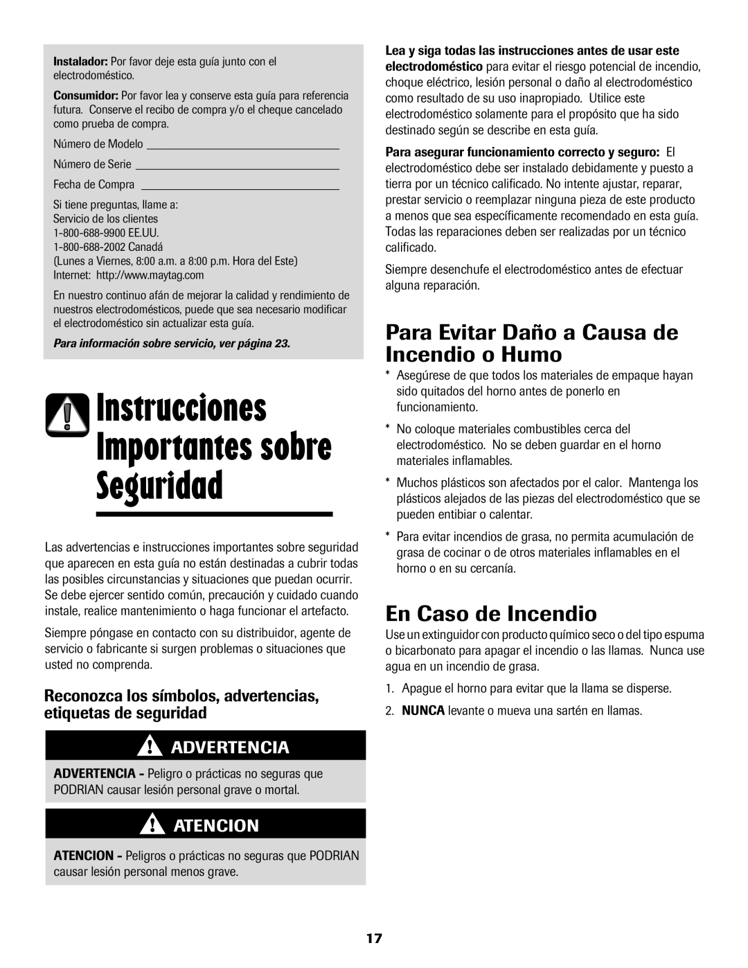 Maytag MEC4430AAW Instrucciones, Seguridad, Para Evitar Daño a Causa de Incendio o Humo, En Caso de Incendio, Canadá 