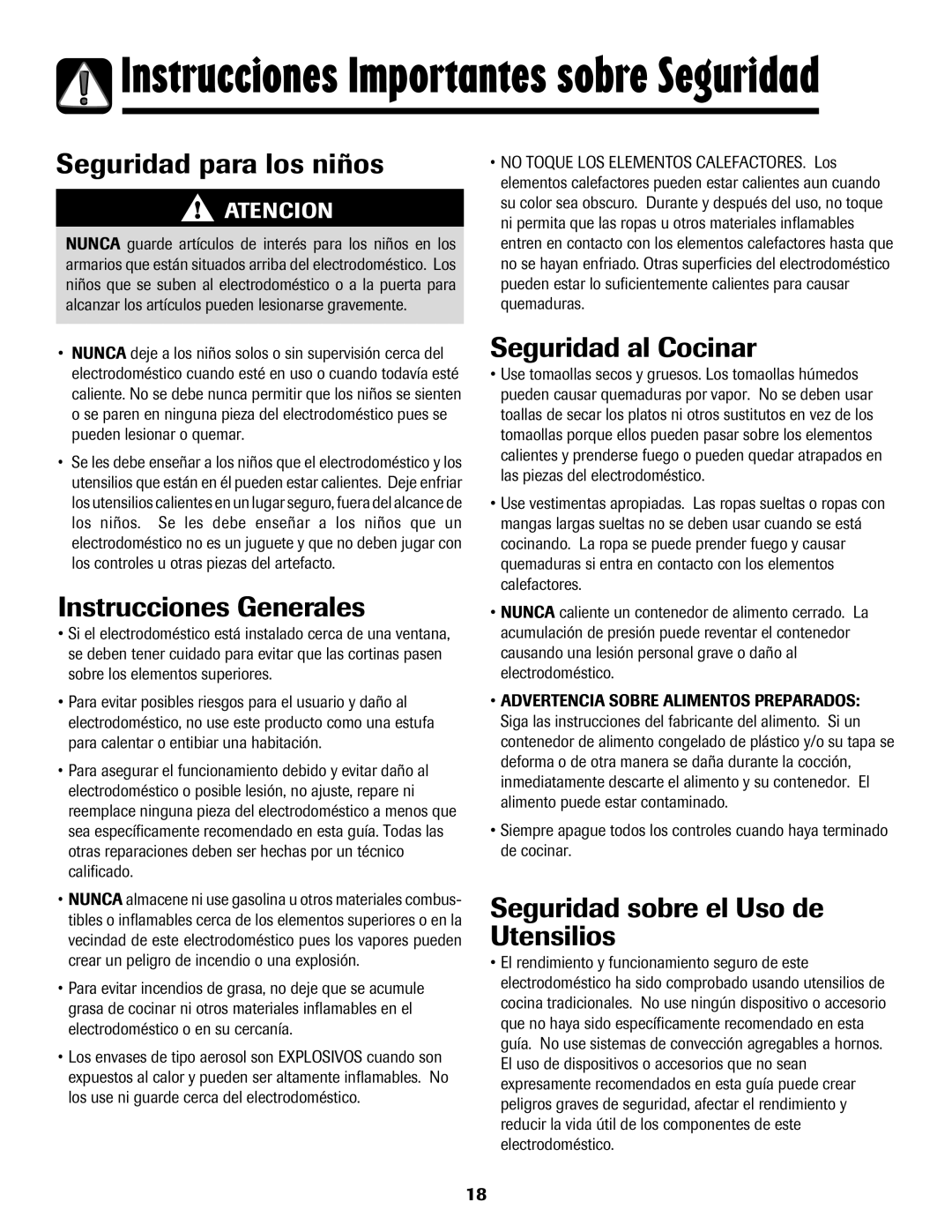 Maytag MEC4430AAW important safety instructions Seguridad para los niños, Seguridad al Cocinar, Instrucciones Generales 