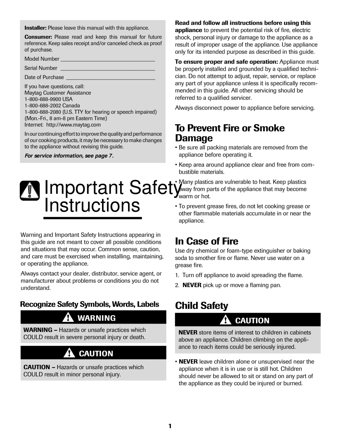 Maytag MEC4430AAW Instructions, To Prevent Fire or Smoke Damage, Case of Fire, Child Safety, Canada 