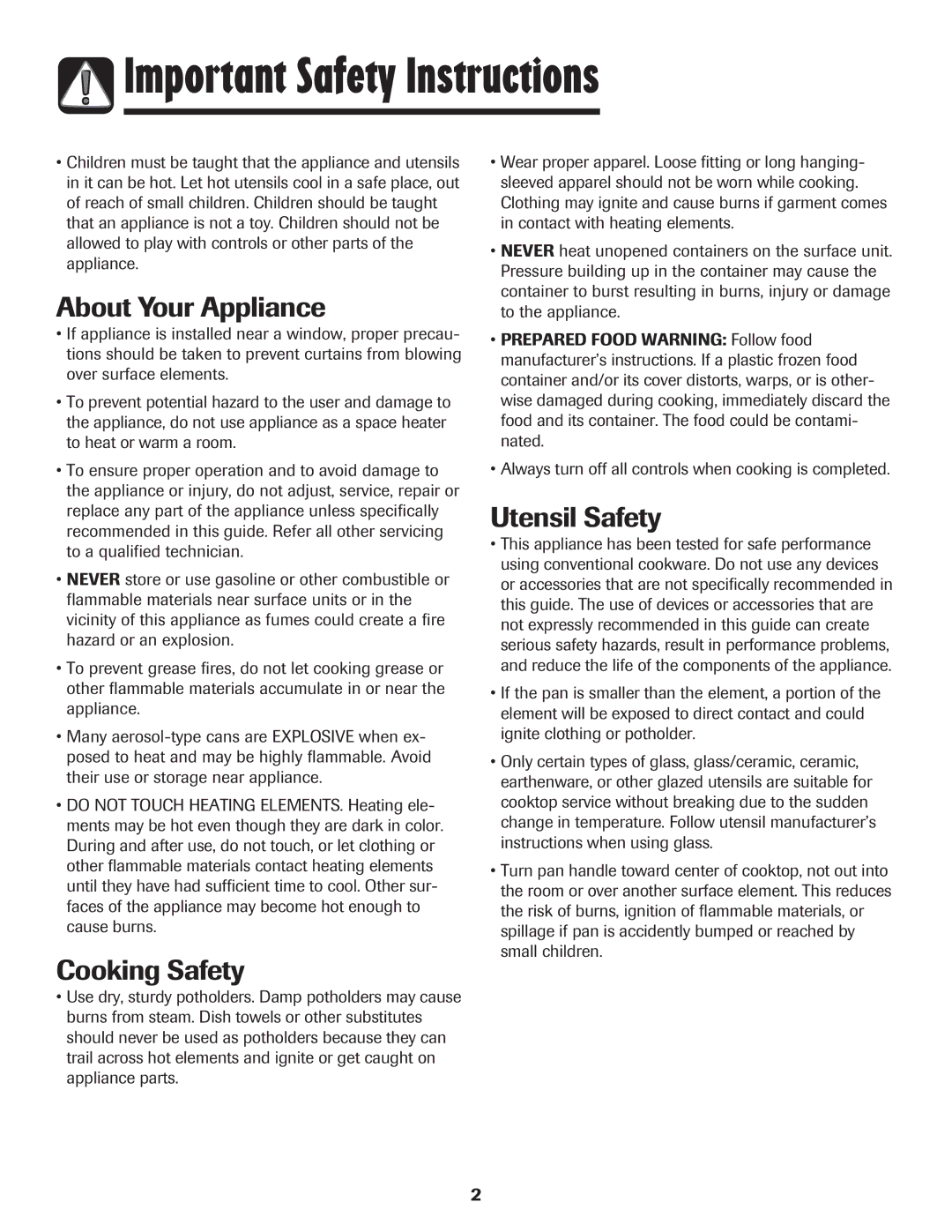 Maytag MEC4430AAW Important Safety Instructions, About Your Appliance, Cooking Safety, Utensil Safety 