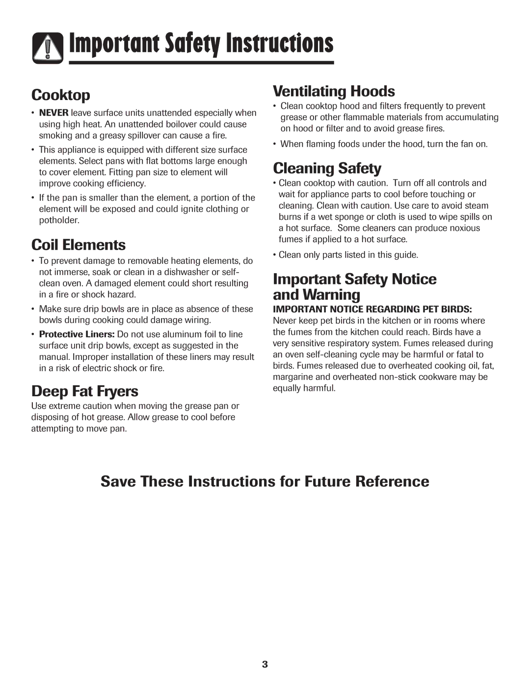 Maytag MEC4430AAW important safety instructions Cooktop, Coil Elements, Deep Fat Fryers, Ventilating Hoods, Cleaning Safety 