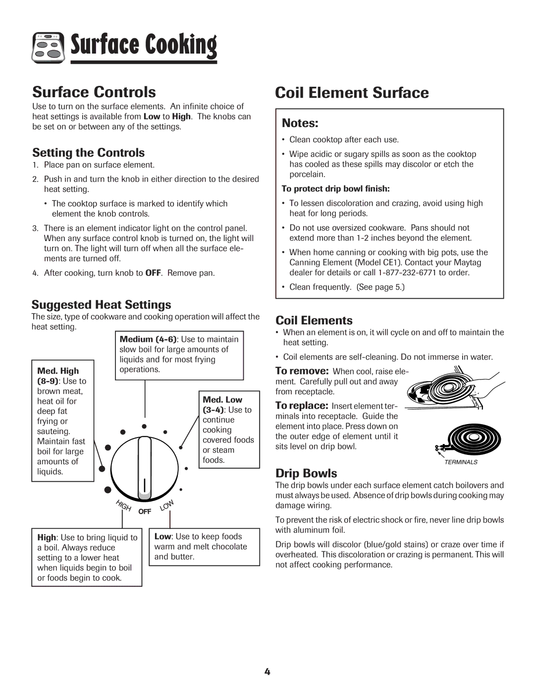 Maytag MEC4430AAW important safety instructions Surface Controls, Coil Element Surface, Clean frequently. See 