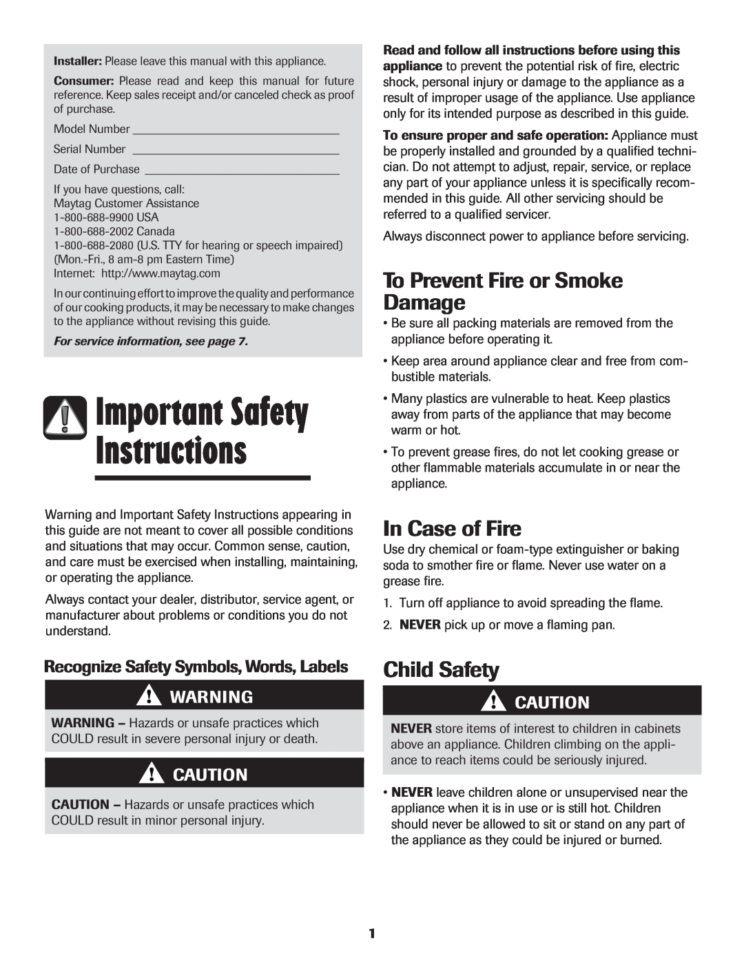 Maytag MEC4430AAW Instructions, Important Safety, To Prevent Fire or Smoke Damage, In Case of Fire, Child Safety 