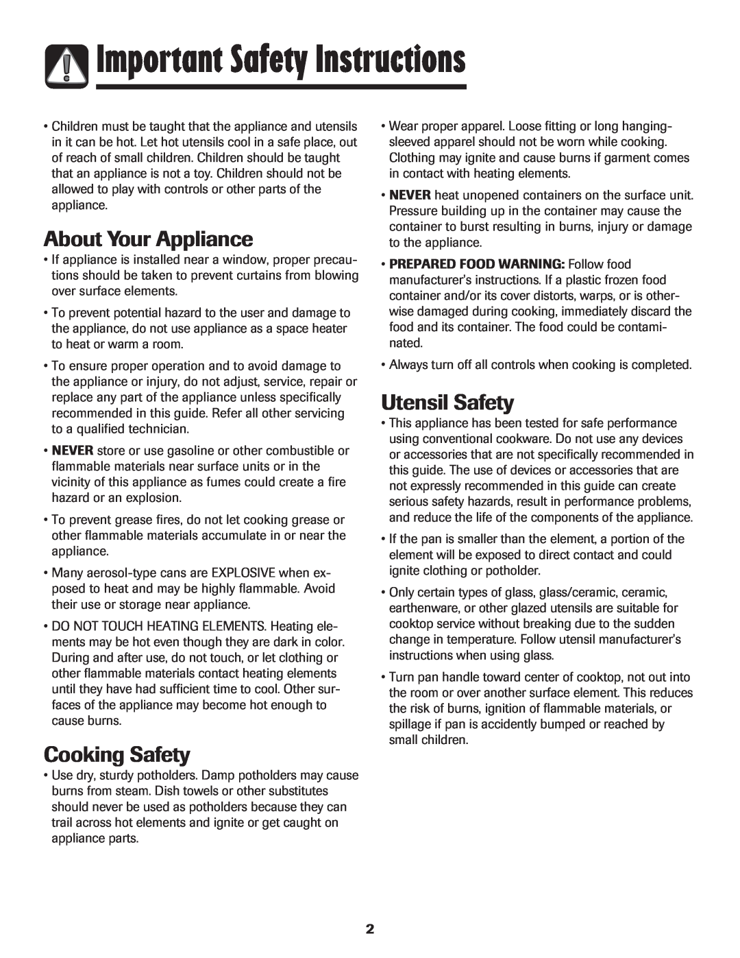 Maytag MEC4430AAW Important Safety Instructions, About Your Appliance, Cooking Safety, Utensil Safety 