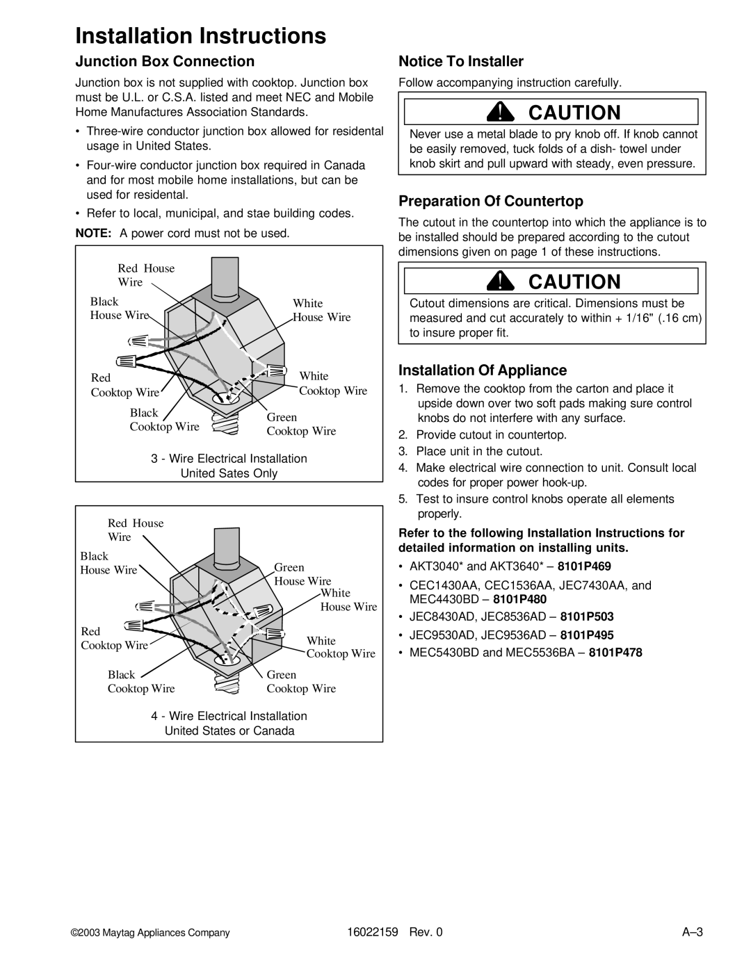 Maytag JEC8536AD, MEC4430BD, JEC8430AD manual Junction Box Connection, Preparation Of Countertop, Installation Of Appliance 