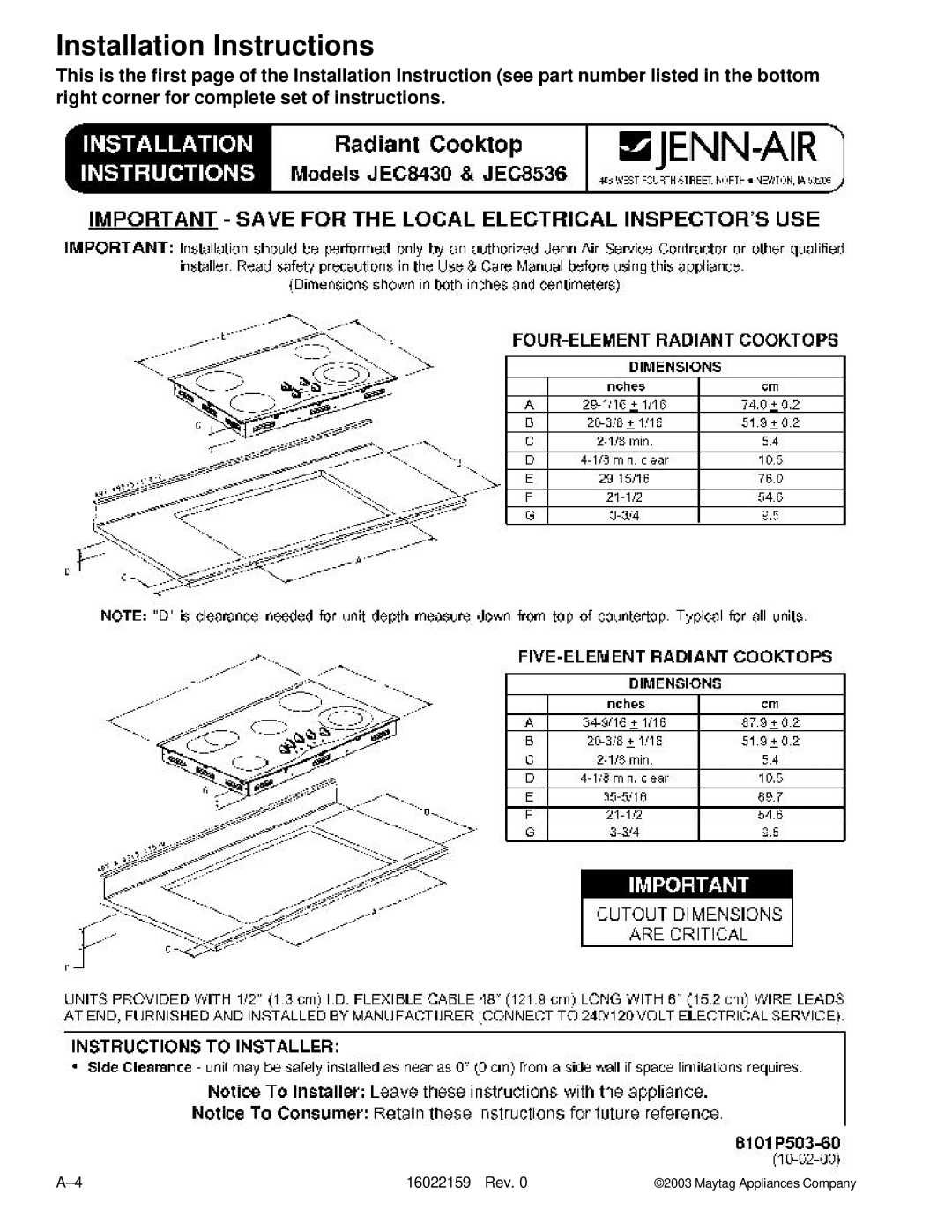 Maytag CEC1430AA, MEC4430BD, JEC8430AD, JEC9530AD, JEC7430AA, JEC9536AD, JEC8730AD, JEC8536AD, AKT3650 Installation Instructions 