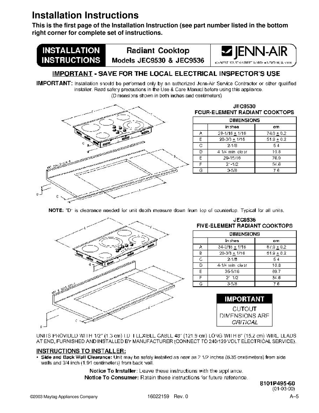 Maytag CEC1536AA, MEC4430BD, JEC8430AD, JEC9530AD, JEC7430AA, JEC9536AD, JEC8730AD, JEC8536AD, AKT3650 Installation Instructions 