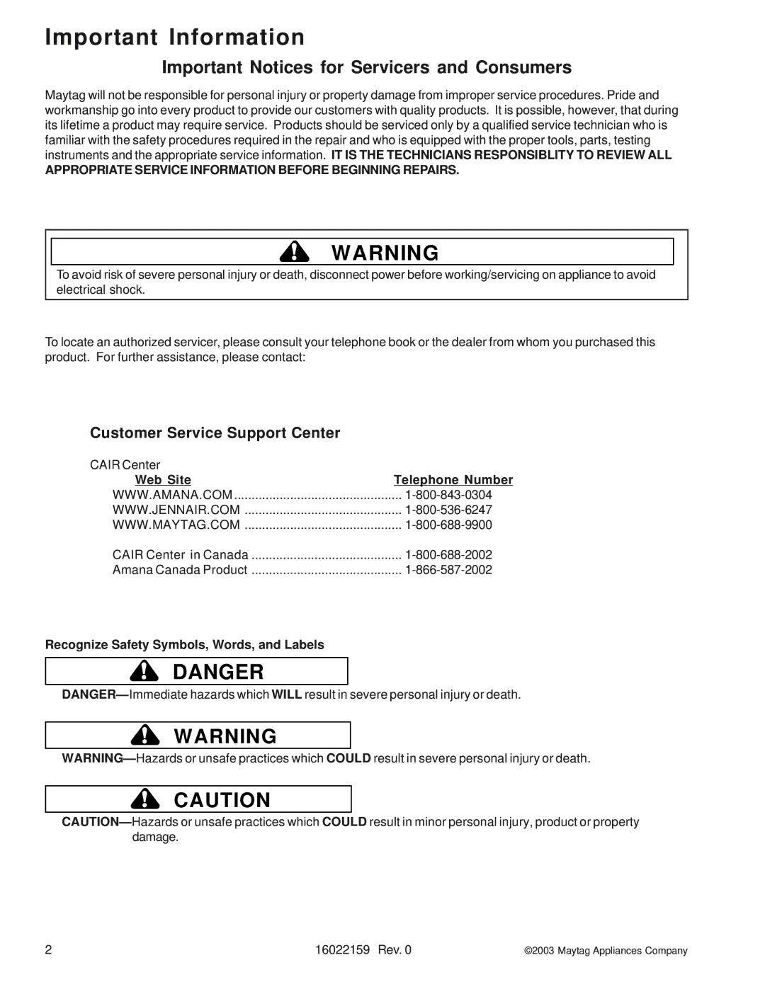 Maytag JEC9530AD, MEC4430BD, JEC8430AD Important Information, Customer Service Support Center, Web Site Telephone Number 