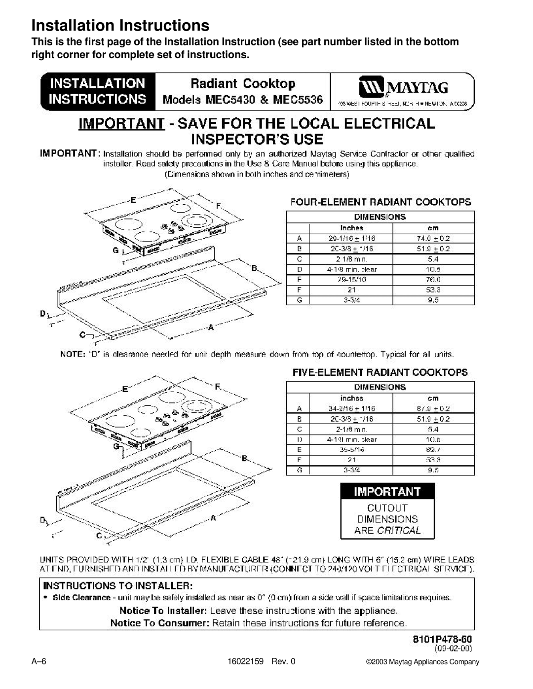 Maytag AKT3650, MEC4430BD, JEC8430AD, JEC9530AD, JEC7430AA, JEC9536AD, JEC8730AD, JEC8536AD, CEC1430AA Installation Instructions 