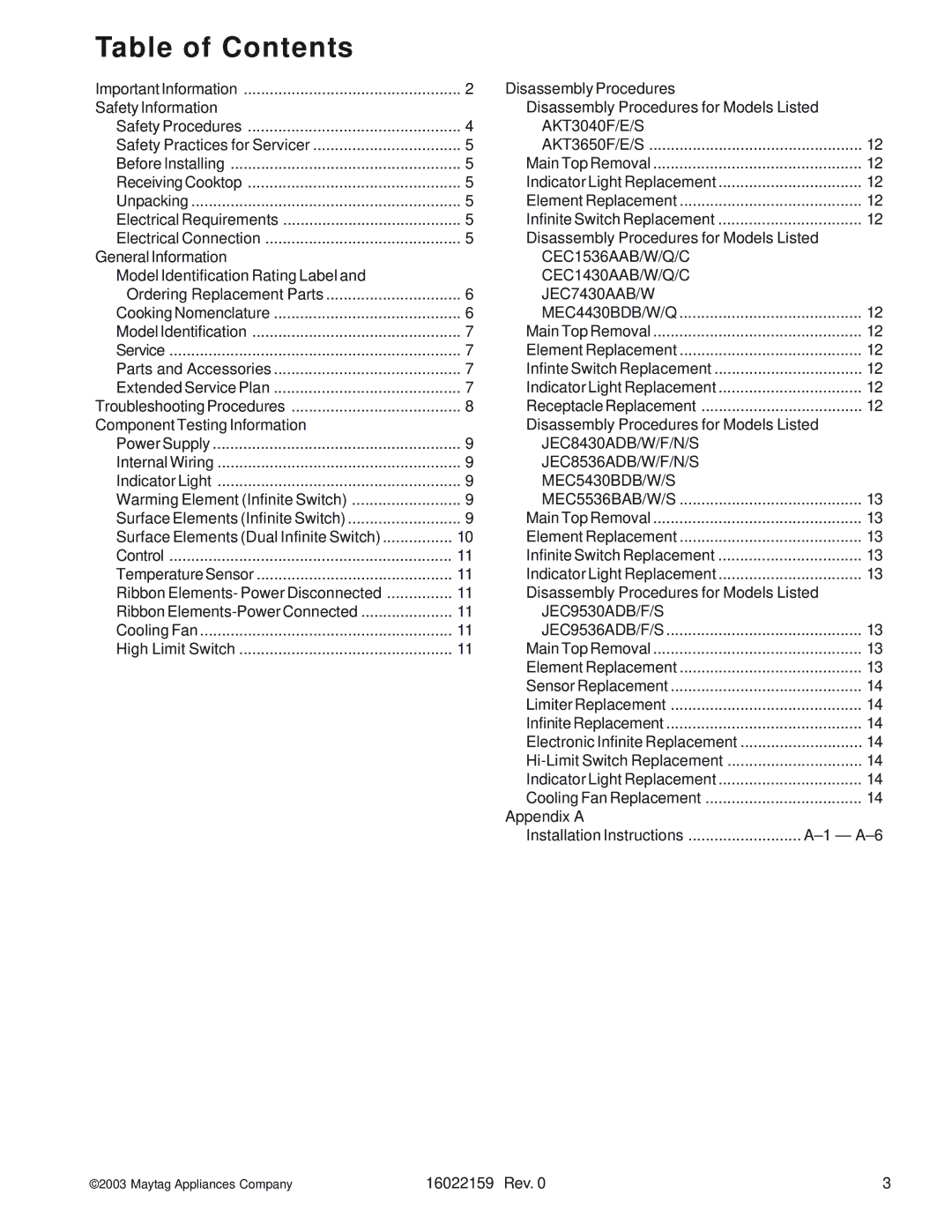 Maytag JEC7430AA, MEC4430BD, JEC8430AD, JEC9530AD, JEC9536AD, JEC8730AD, JEC8536AD, CEC1430AA, CEC1536AA manual Table of Contents 