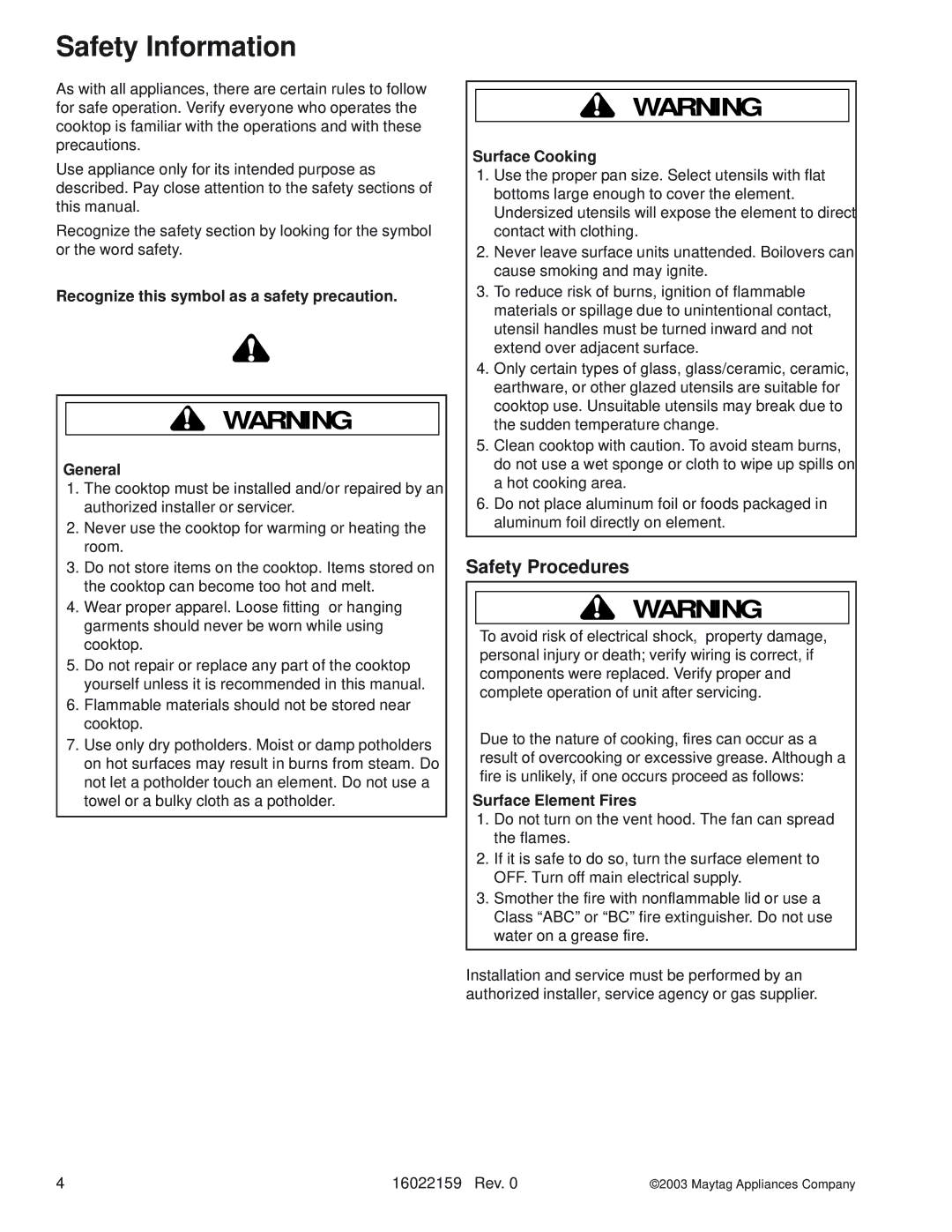 Maytag JEC9536AD, MEC4430BD Safety Information, Safety Procedures, Recognize this symbol as a safety precaution General 