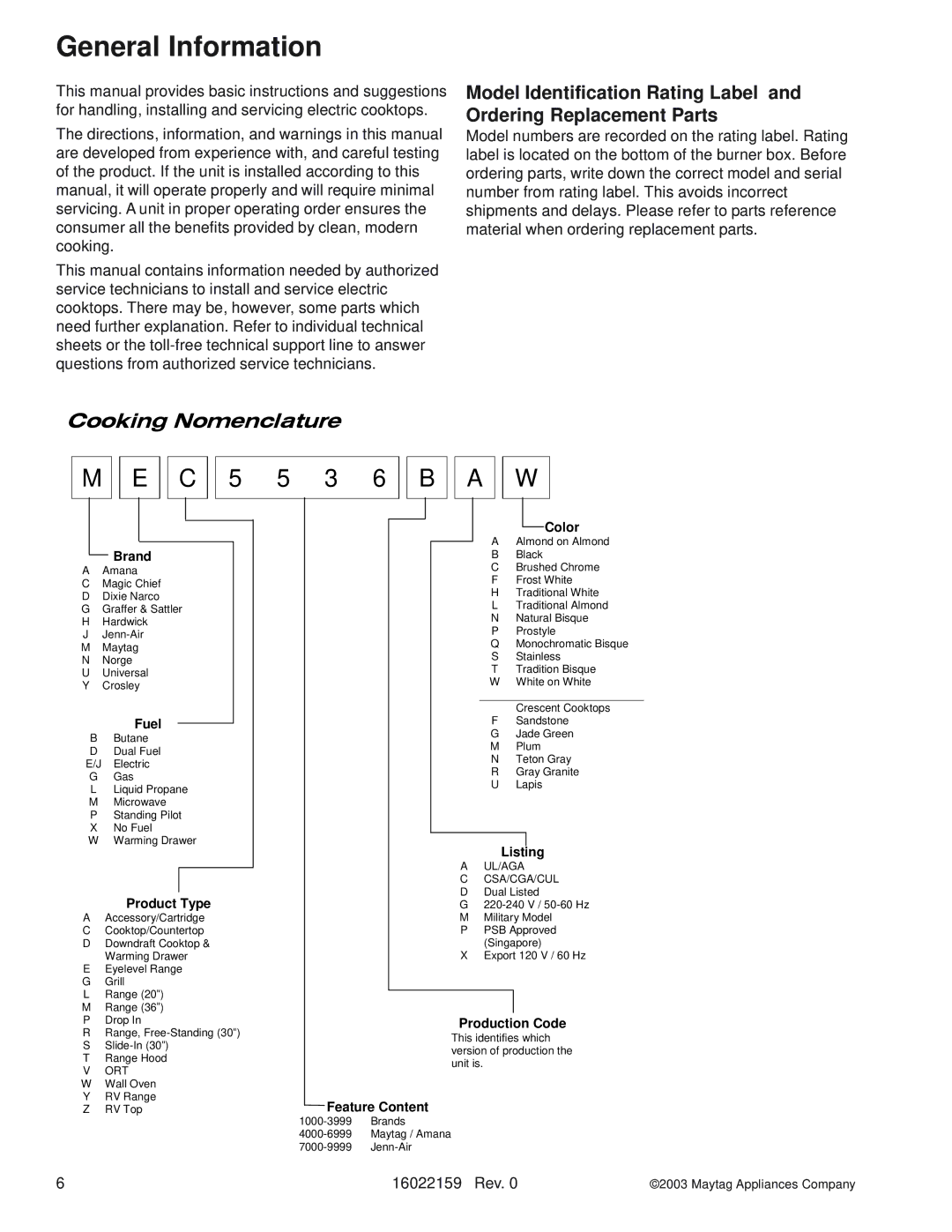 Maytag JEC8536AD, MEC4430BD, JEC8430AD, JEC9530AD, JEC7430AA, JEC9536AD, JEC8730AD General Information, Cooking Nomenclature 