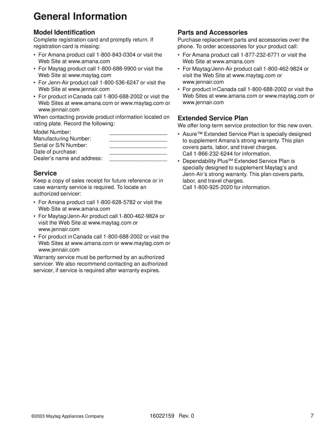 Maytag CEC1430AA, MEC4430BD, JEC8430AD, JEC9530AD Model Identification, Parts and Accessories, Extended Service Plan 