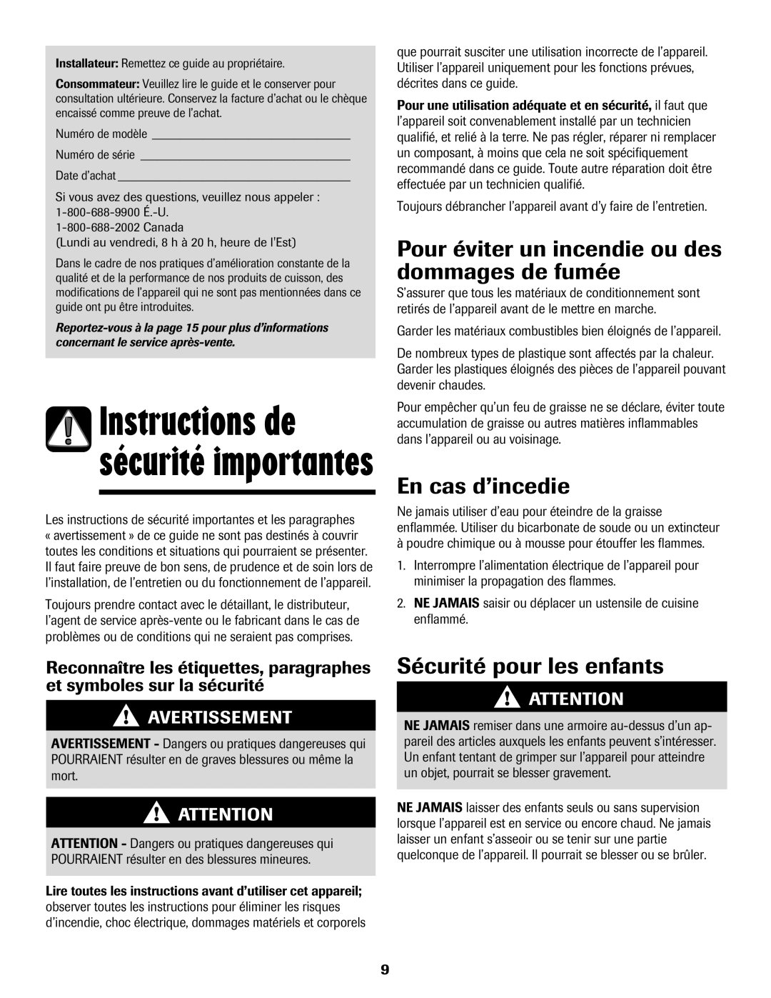 Maytag MEC4436AAW Pour éviter un incendie ou des dommages de fumée, En cas d’incedie, Sécurité pour les enfants 