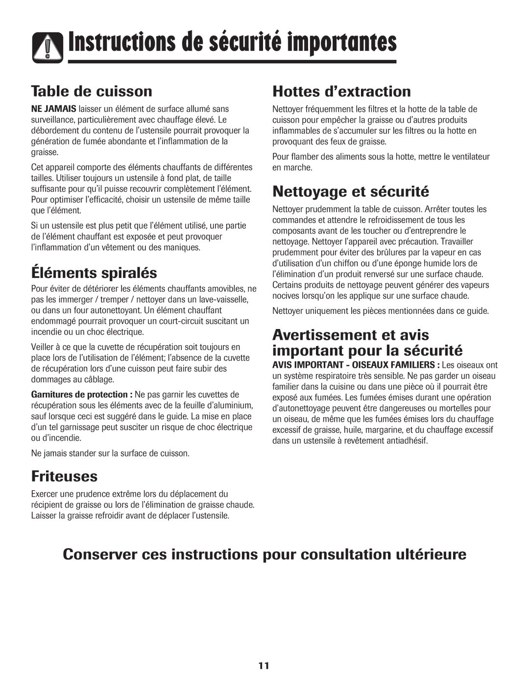 Maytag MEC4436AAW important safety instructions Table de cuisson, Hottes d’extraction, Nettoyage et sécurité, Friteuses 