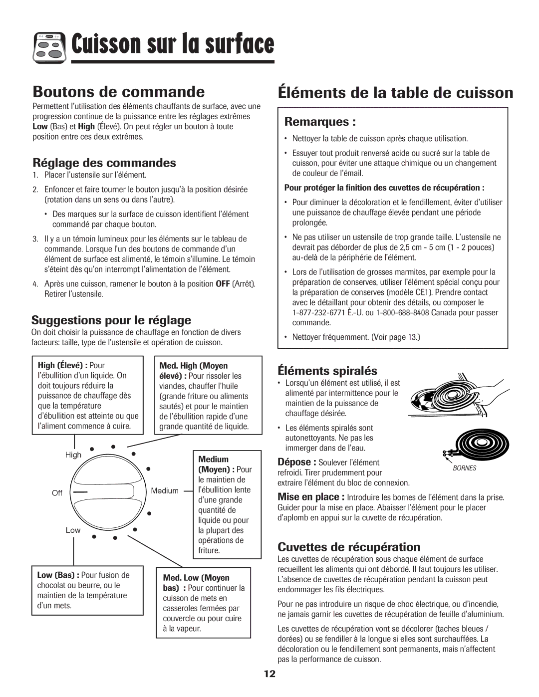 Maytag MEC4436AAW Cuisson sur la surface, Boutons de commande, Éléments de la table de cuisson 