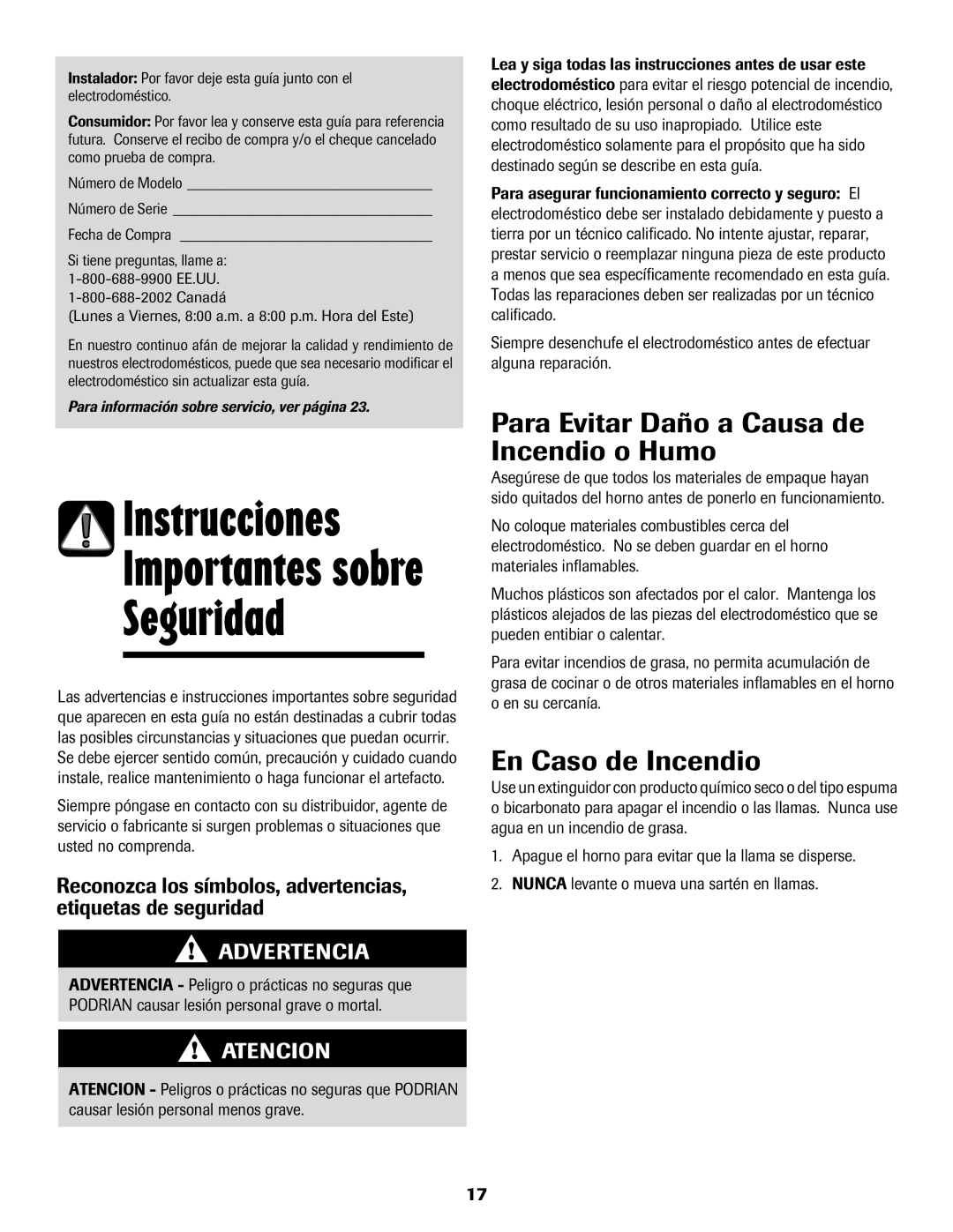 Maytag MEC4436AAW Instrucciones, Seguridad, Para Evitar Daño a Causa de Incendio o Humo, En Caso de Incendio 