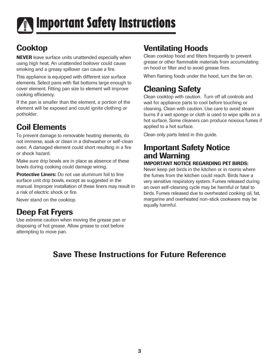 Maytag MEC4436AAW Cooktop, Coil Elements, Ventilating Hoods, Cleaning Safety, Important Safety Notice and Warning 