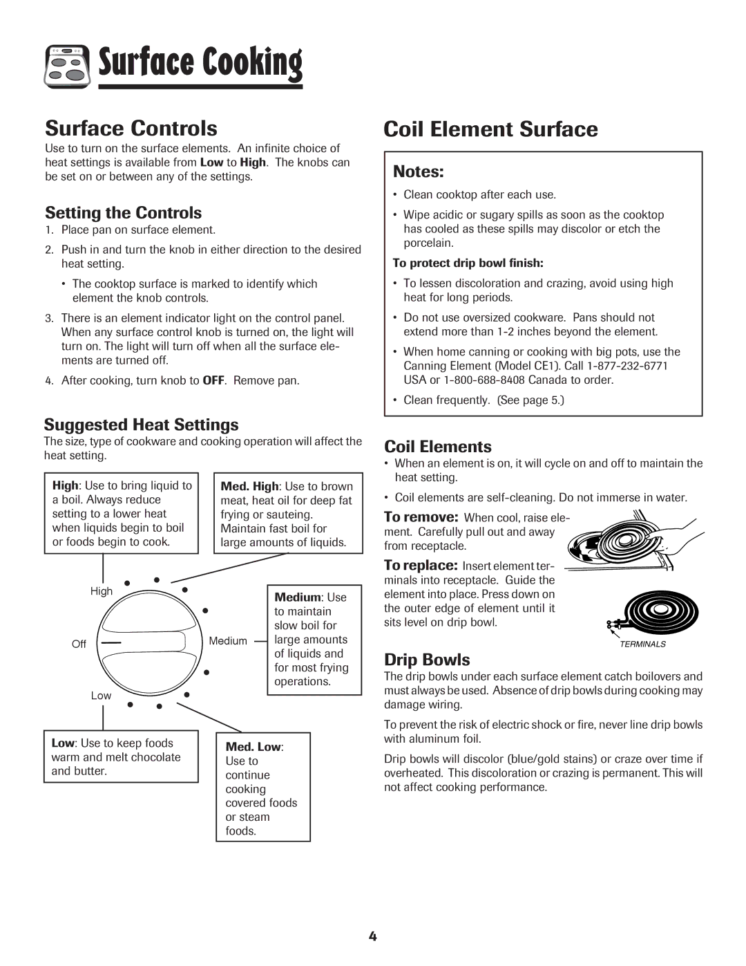 Maytag MEC4436AAW important safety instructions Surface Controls, Coil Element Surface 