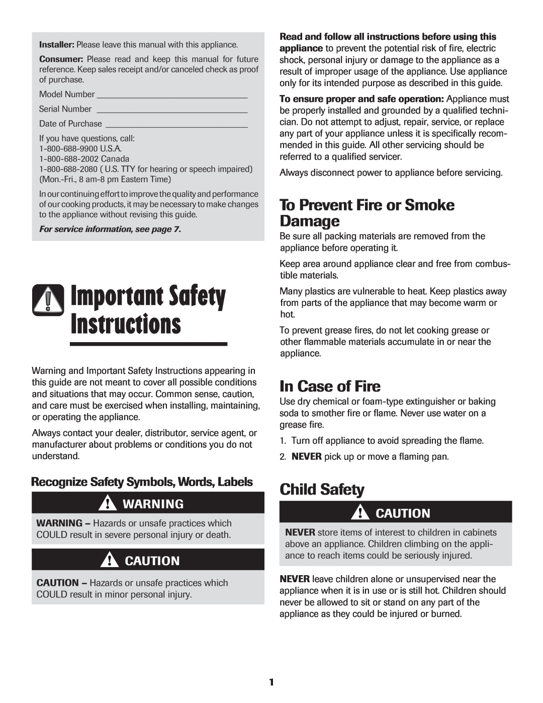 Maytag MEC4436AAW Instructions, Important Safety, To Prevent Fire or Smoke Damage, In Case of Fire, Child Safety 