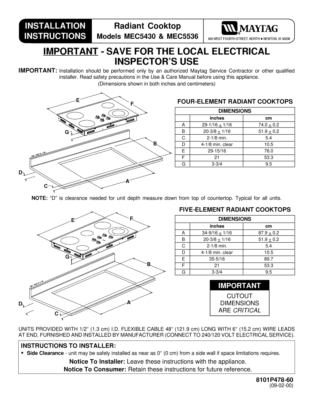 Maytag installation instructions Models MEC5430 & MEC5536, FIVE-ELEMENT Radiant Cooktops, Instructions to Installer 