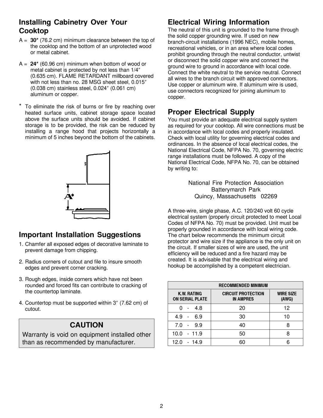 Maytag MEC5536 Installing Cabinetry Over Your Cooktop, Important Installation Suggestions, Electrical Wiring Information 