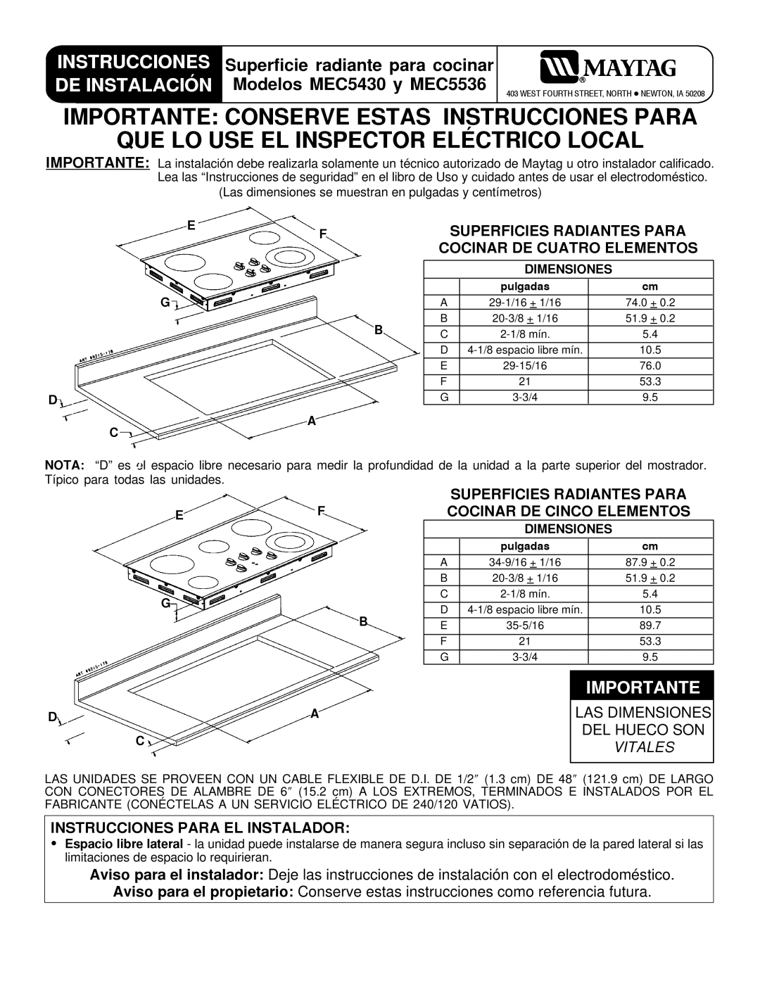 Maytag MEC5536, MEC5430 Superficie radiante para cocinar, Cocinar DE Cuatro Elementos, Instrucciones Para EL Instalador 