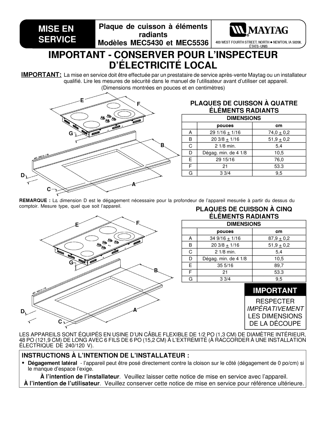 Maytag MEC5430, MEC5536 Instructions À L’INTENTION DE L’INSTALLATEUR, Plaques DE Cuisson À Quatre, Éléments Radiants 